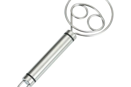 Danish Dough Whisk Dutch Style Stainless Steel Bread Dough Hand Mixer Binocular Coil Head Comfort Handle for Biscuits Bread Cake